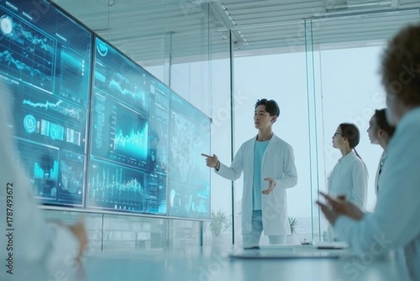 Obraz Scientists analyzing data on digital screens in high-tech lab