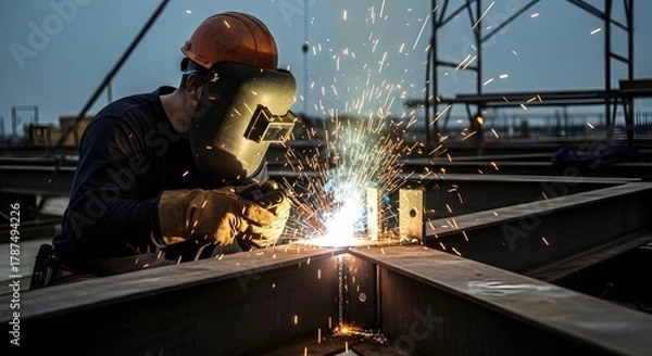 Fototapeta A skilled welder wearing protective gear is working on metal fabrication in an industrial setting with sparks flying around