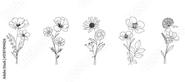 Fototapeta minimal line flower and botanical graphic sketch drawing, trendy tiny tattoo design, floral elements vector illustration