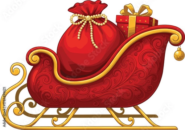 Obraz "Red decorative Christmas sleigh with golden trim, ornate festive design, holiday sack, pearl string, ribbon gift box, seasonal celebration"