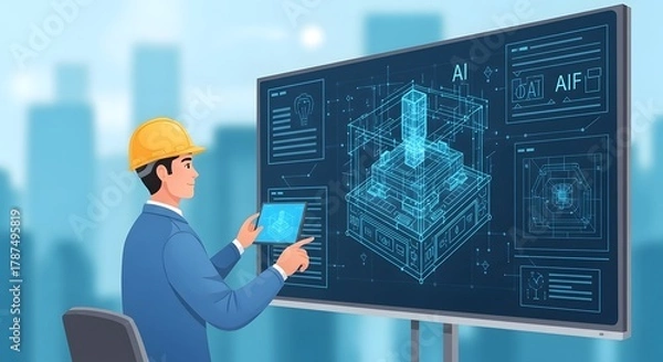 Fototapeta A professional engineer in a safety helmet analyzing a digital blueprint of a building project on a large screen in a modern office environment