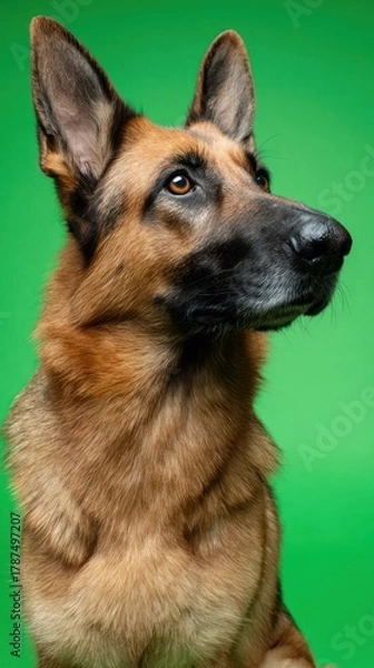 Fototapeta A close-up shot of a majestic canine with striking brown fur and attentive gaze, green backdrop