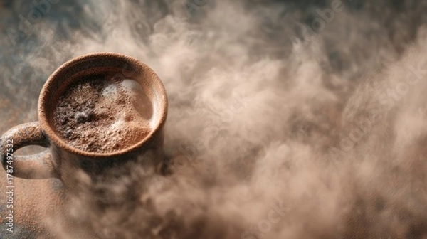 Fototapeta A close-up shot of a mug of hot coffee enveloped in warm, wispy steam