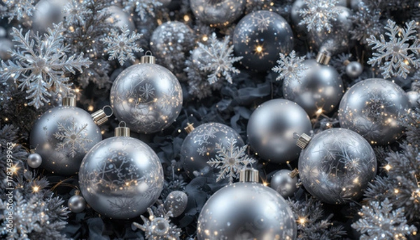 Fototapeta Silver Christmas ornaments and snowflakes create festive and elegant holiday scene. shimmering decorations are nestled among dark foliage, adding contrast and sparkle to arrangement