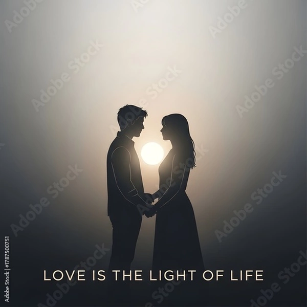 Fototapeta A romantic silhouette of a couple holding hands against a sunset sky with the phrase 'Love is the light of life' at the bottom of the image