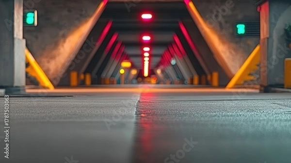 Fototapeta Abstract view of an illuminated tunnel with vibrant red and yellow lights