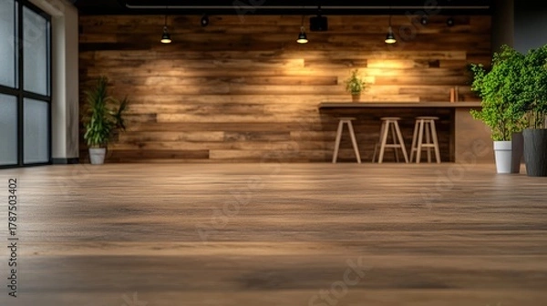 Obraz Spacious interior with natural wood accents and indoor greenery creating a tranquil atmosphere