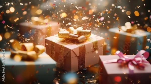 Fototapeta Elegant Gift Boxes with Glittering Confetti for Special Celebrations