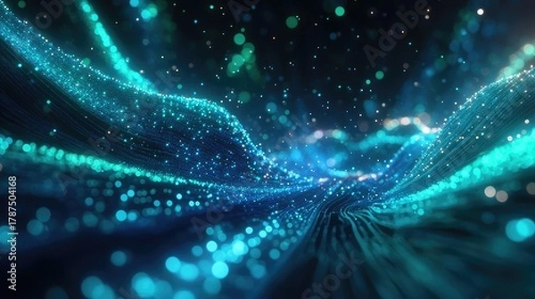 Fototapeta Abstract digital landscape with luminous particles and flowing lines backdrop