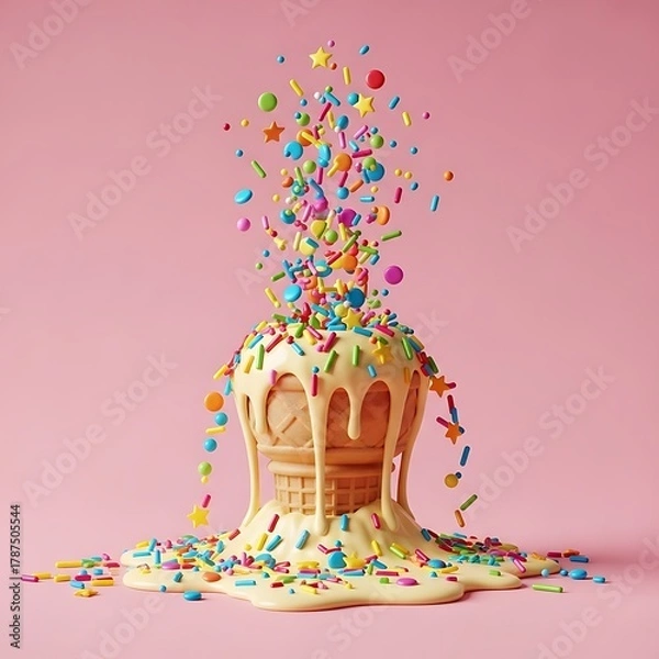 Fototapeta Delightful ice cream cone with colorful sprinkles creating a sweet summer treat, perfect for parties and celebrations, adding fun and joy to any project