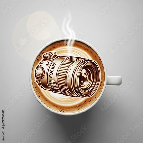 Fototapeta Start your day with creativity and focus with this latte art camera lens, perfect for photographers and coffee lovers who appreciate a unique blend