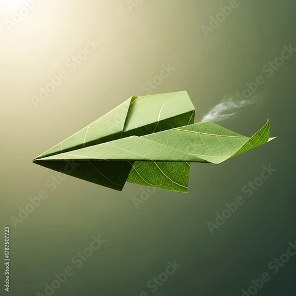 Fototapeta Eco-friendly journey awaits! A stunning leaf paper airplane soars, symbolizing green innovation, sustainable solutions, and a brighter future for our planet