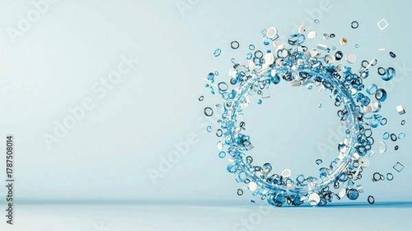Fototapeta A circular arrangement of translucent blue and opaque white geometric shapes, spheres, and rings explodes outward against a soft blue background.