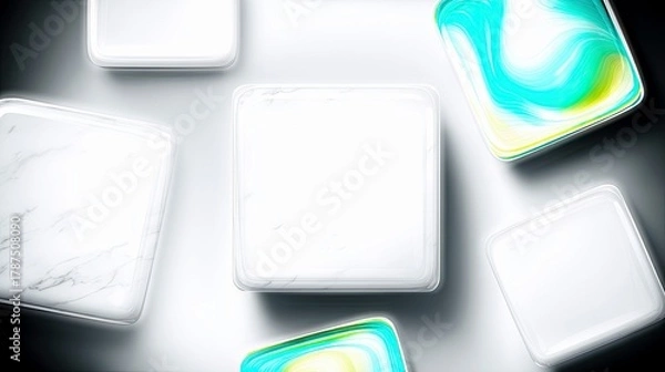 Fototapeta A collection of rounded square shapes with varied textures, including white marble and vibrant, swirling colors, arranged on a clean white surface.