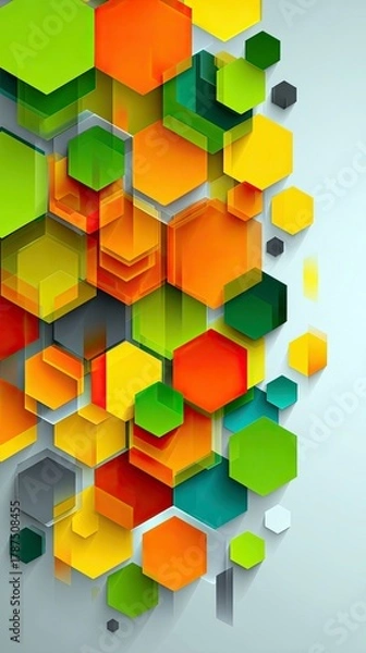 Fototapeta A vibrant, abstract composition featuring a cascade of colorful hexagons in shades of green, orange, yellow, and red, overlapping and creating a sense of depth
