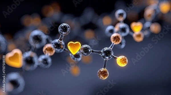 Fototapeta A close-up, abstract view of a molecular structure composed of interconnected spheres, with some spheres glowing yellow and shaped like hearts.