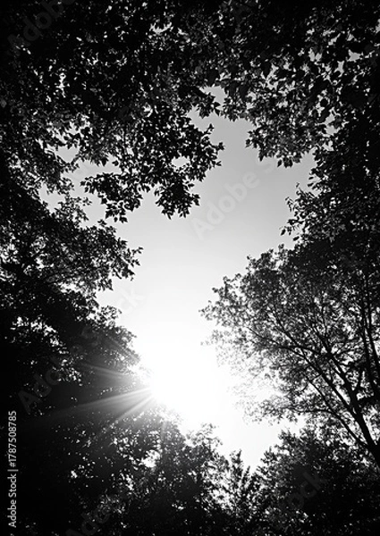 Fototapeta Black and white view up through trees to sun