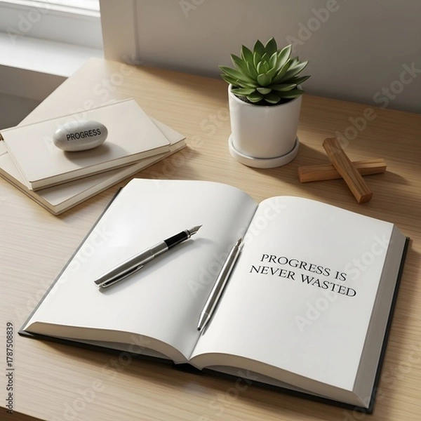 Fototapeta A minimalist workspace featuring an open notebook with the motivational phrase 'Progress is Never Wasted, ' a pen, a potted succulent, and a few decorative wooden pieces on a light wooden desk surface