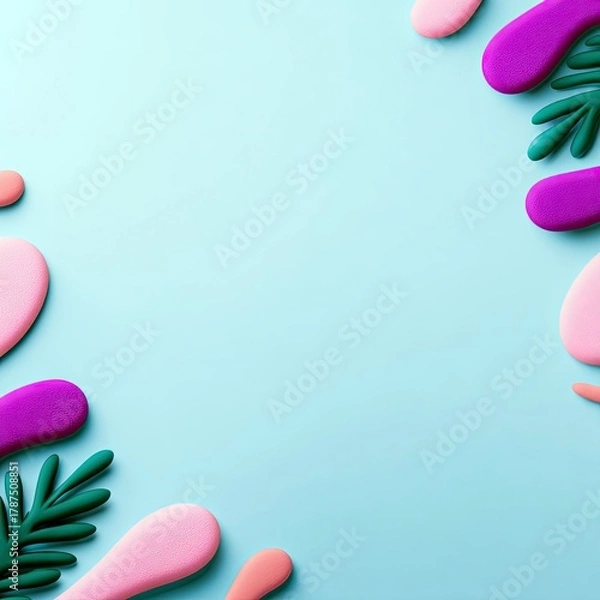 Fototapeta A minimalist composition featuring soft, rounded organic shapes in pink and purple, interspersed with green leaf-like elements against a solid light blue backdr