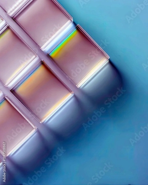 Fototapeta Close-up abstract view of translucent square objects arranged diagonally, casting long shadows and refracting light into a spectrum of colors.