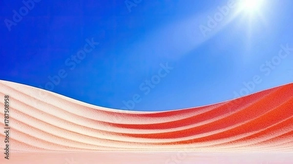 Fototapeta Abstract wavy sand dunes with bright sun and blue sky, creating a vibrant and energetic scene.