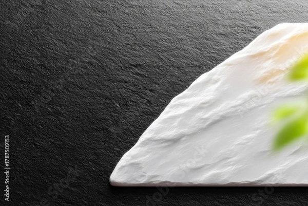 Fototapeta A close-up shot of a rough white stone surface with a textured dark background, featuring soft green foliage in the background.