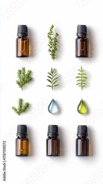Fototapeta Amber glass bottles containing essential oils are arranged with fresh green sprigs and droplets of oil on a white background.