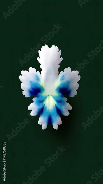 Fototapeta A single, intricately shaped flower petal with vibrant blue markings against a deep green backdrop.