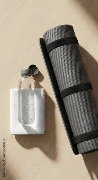 Obraz A minimalist scene featuring a transparent water bottle with a black lid and a textured yoga mat placed on a light wooden surface, perfect for fitness or wellness themes