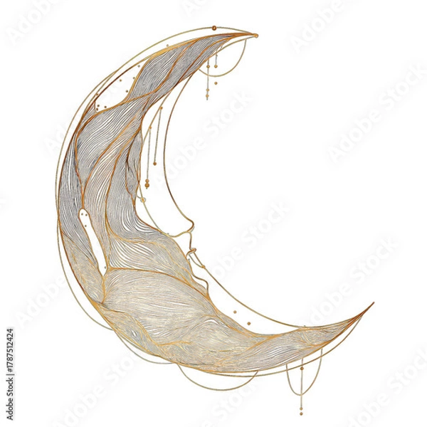 Obraz Intricate One Line Art Illustration of a Stylized Golden Crescent Moon