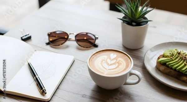 Fototapeta A cozy workspace setup featuring a cup of latte with latte art, a small potted plant, sunglasses, a notebook with a pen, and a plate of avocado toast on a white table
