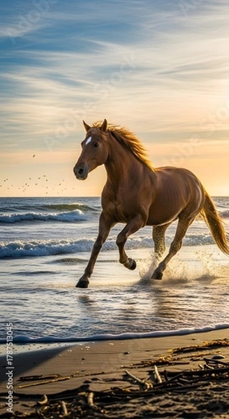 Fototapeta A majestic horse running along the shoreline during sunset with waves crashing and a colorful sky in the background
