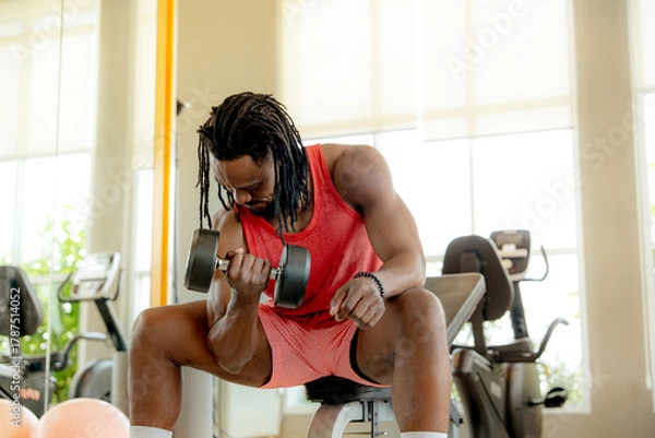 Fototapeta Strong African American man with dreadlocks focusing on bicep curls with a dumbbell in a modern gym. Fitness workout is strength for healthy lifestyle exercise.
