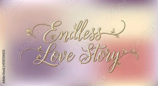 Fototapeta An elegant and decorative text design displaying the phrase 'Endless Love Story' with floral accents on a soft, blurred background