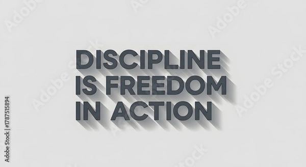 Obraz Inspirational quote on a plain wall that reads 'Discipline is freedom in action' in bold, three-dimensional letters with shadow effects