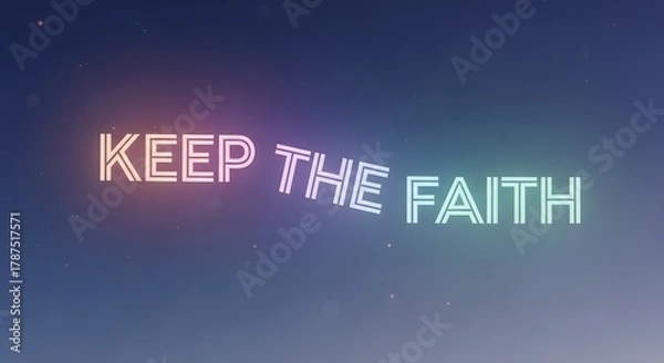 Fototapeta A vibrant neon sign displaying the message 'KEEP THE FAITH' against a dark sky background, inspiring hope and positivity with colorful glowing letters