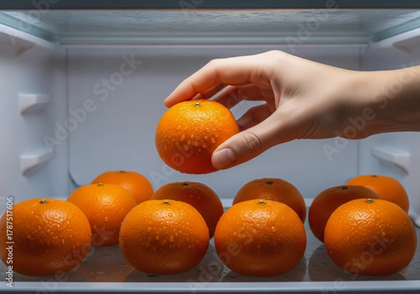 Fototapeta Hand Reaching for Oranges Inside Refrigerator – Fresh Fruit and Healthy Lifestyle Concept