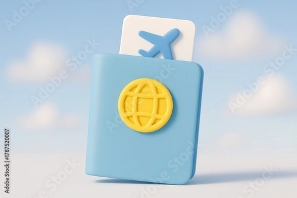 Fototapeta Journey's Beginning: A vibrant image of a passport and ticket, symbolizing the gateway to exploration and new adventures. The passport features a world globe icon.