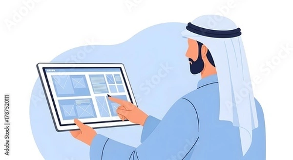 Fototapeta A professional man in traditional Middle Eastern attire using a digital tablet to analyze data and graphs in a modern office environment