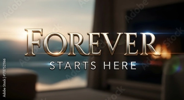 Fototapeta A cozy living room with a fireplace and a sunset view through the window, creating a warm and inviting atmosphere for relaxation and comfort