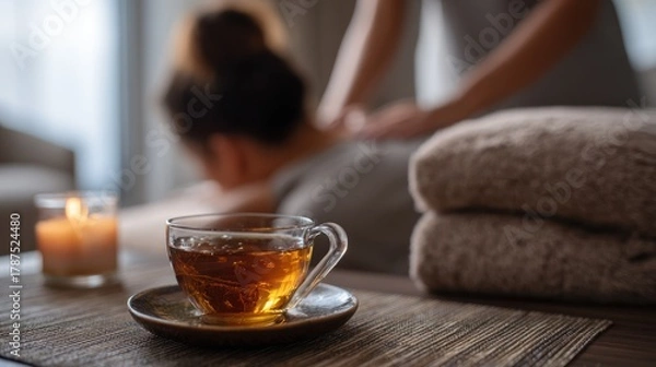 Fototapeta A cup of tea sits on a table in front of a person getting a massage