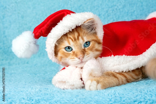 Fototapeta A cute ginger kitten wearing a Santa cape with a pompom lies on a blue background