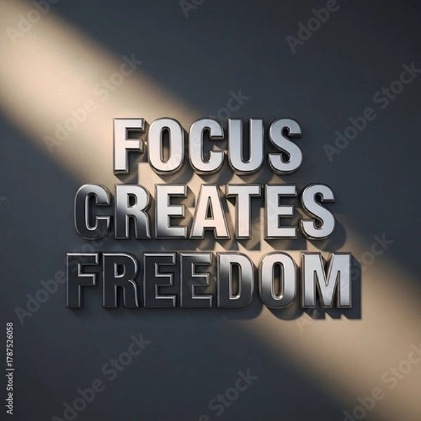 Fototapeta Inspirational wall art with the motivational phrase 'Focus Creates Freedom' in bold metallic letters casting shadows on a plain wall