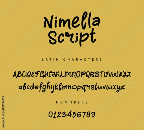 Obraz Latin alphabet and numbers, executed with a lively bold brush with a wide stroke and rounded shapes. Uppercase and lowercase letters
