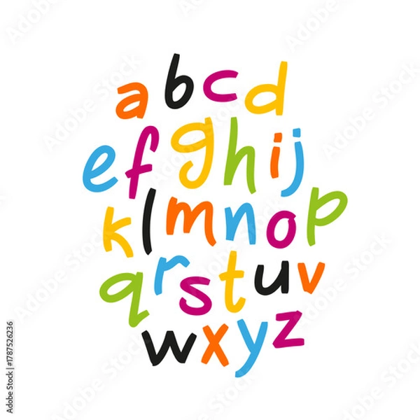 Obraz A fashionable hand-drawn lettering font. Funny playful lowercase Latin letters written with a marker pen on a white background