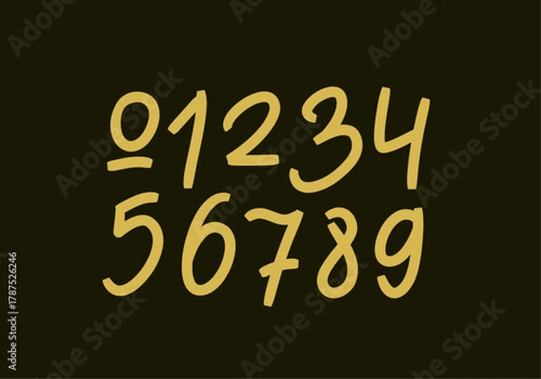 Obraz A set of vector golden numbers from 0 to 9 on a black background. A collection of digital numbers drawn by hand with a marker pen