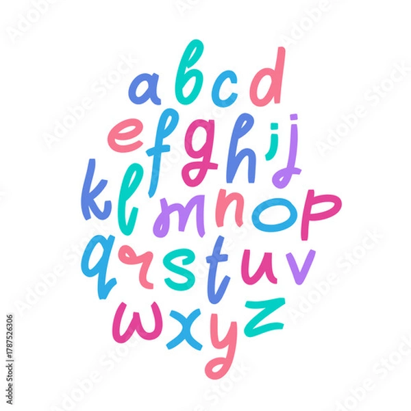 Obraz Colored lowercase Latin letters written with a marker on a white background. Vector alphabet. Fashionable font. Funny abc
