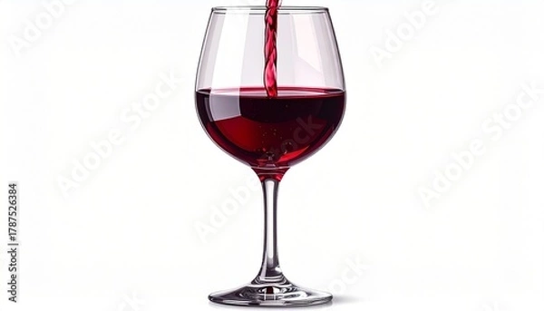 Obraz Stream of red wine pouring into upright clear glass against plain white background. Rich color and clarity highlight elegance, dining, and beverage presentation in minimalist visual style.