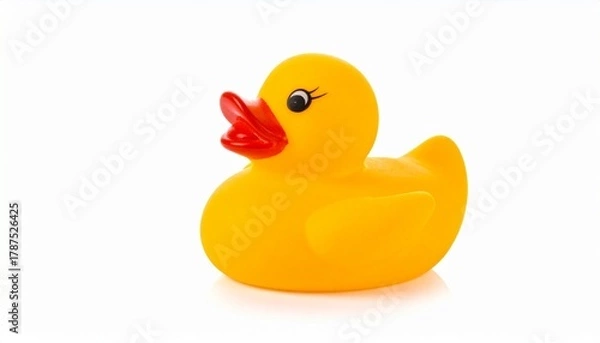 Obraz Yellow rubber duck with red beak and painted eyes, including eyelashes, positioned against plain white background. Iconic bath toy evokes themes of childhood, playfulness, and simplicity.