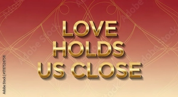 Fototapeta A romantic and elegant display of the phrase 'Love Holds Us Close' in bold, golden letters against a warm, gradient background with delicate swirling lines